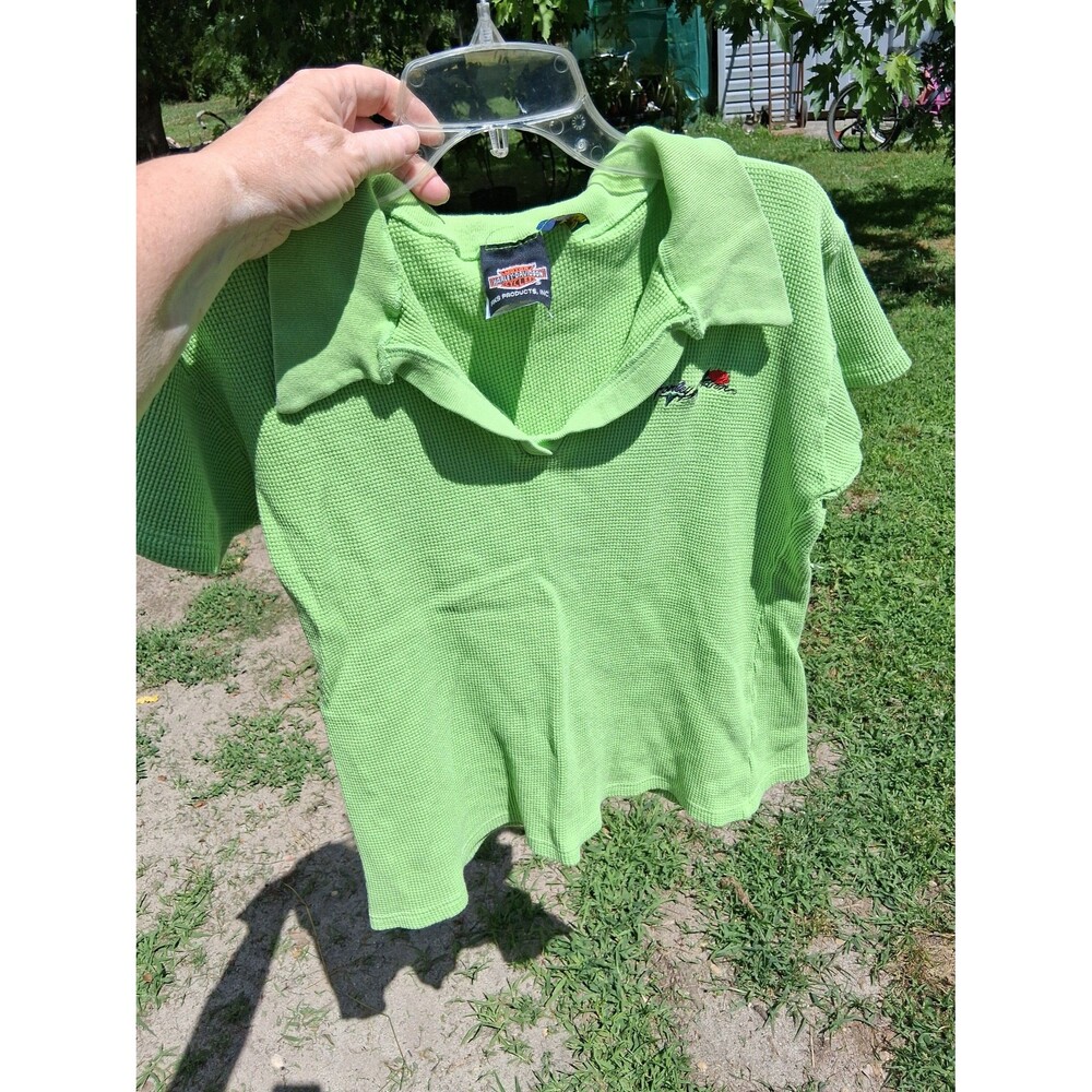 073 Harley Davidson Women's Waffle Knit Thermal Large Lime Green Short Sleeve